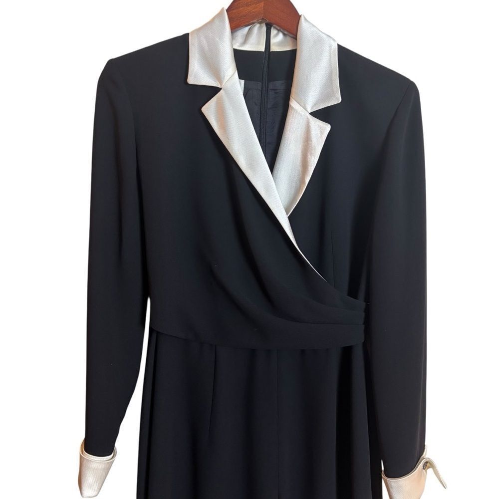 Vintage Jones of New York Black Wide Leg Jumpsuit White Satin Trim Long Sleeve 4 - Picture 4 of 10